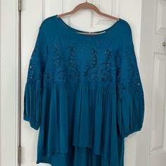 Beautiful Blue Top Featuring Lace And 3/4 Sleeves. Very Forgiving Flowing Style And Fit. Nice On Leggings Or Jeans. Brand New Never Worn. Purchased At Anthropologie Blue Half Sleeve Tops For The Beach, Blue Half Sleeve Beach Top, Blue Half-sleeve Blouse For Summer, Blue Half Sleeve Blouse For Summer, Blue Summer Top With 3/4 Sleeves, Chic Rayon Tops With 3/4 Sleeve, Blue Top With 3/4 Sleeves For Summer, Blue Tops With 3/4 Sleeves For Vacation, Blue Bohemian Half Sleeve Blouse