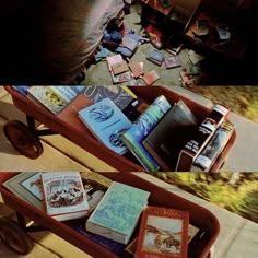 there are many books in the wagon on the ground and one is full of them