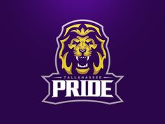 a purple and yellow logo with a lion's head in the center, on a dark