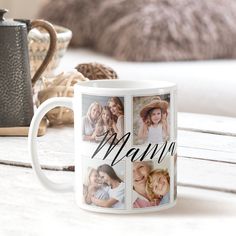 a coffee mug with the word mama printed on it next to other personalized items