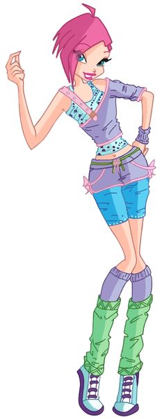 a cartoon girl with pink hair and green boots is standing in front of the camera