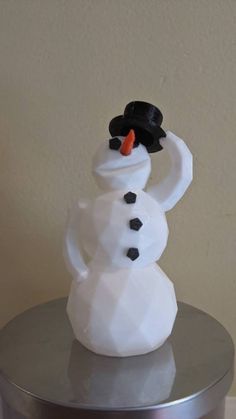 a white snowman with a black hat on it's head and arms in the air