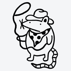 a black and white drawing of a cartoon character with a hat on his head, holding a