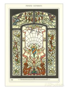 an ornate stained glass window with birds and flowers