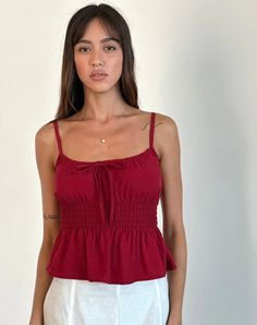 Adrenaline Red Tie Front Cami Top | Lyncia – motelrocks-com-us Tie Front Cami Top, Skirt Model, Peplum Styling, Crop Top Tees, Red Tie, Bandeau Dress, Summer Party Dress, Black Long Sleeve Dress, Long Black Dress