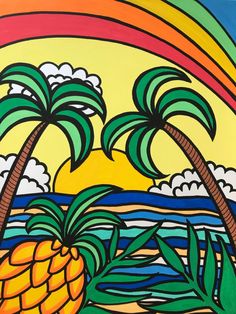 a painting of two palm trees and a rainbow