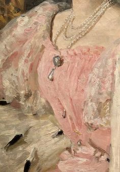 an oil painting of a woman wearing a pink dress with pearls on her neck and necklace