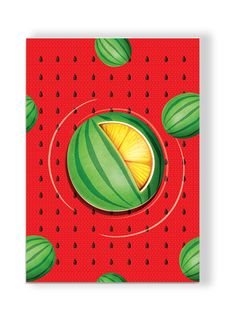 a red background with green and yellow watermelon slices in the center, surrounded by drops of dew