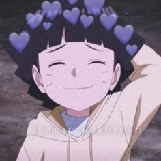 an anime character with lots of hearts on her head and hands in the air, smiling