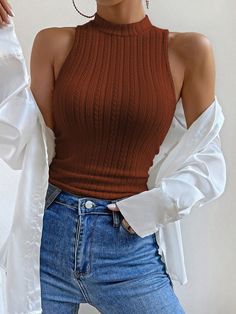 Brown Casual Collar  Fabric Plain Tank Embellished Medium Stretch Summer Women Clothing Turtle Neck Tank Top Outfit, Tan Top Outfit, Trendy Cardigan Outfit, Cardigan Fall Outfit, Winter Mode Outfits, Turtleneck Tank Top, Trendy Cardigans, Mock Neck Tank Top, Walking Outfits