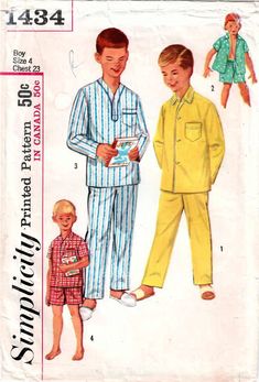 "SIMPLICITY 1434: Use this 1950s vintage sewing pattern for boys to sew these popular and classically styled short and long pajamas (or sleep pants and sleep shirt, if you prefer). SIZE INFORMATION: Choose from one of the following single-size patterns: Boys Size 4 Chest 23 inches Waist 21 inches PATTERN CONDITION: COMPLETE. USED (includes instructions and all pattern pieces, which are cut and in very good to excellent used condition) Boys Size 6 Chest 24 inches Waist 22 inches PATTERN CONDITION 1950s Boys, Boys Pjs, Simplicity Patterns Vintage, 1950s Sewing Patterns, Simplicity Fashion, Pajama Pattern, Convertible Collar, Boys Pattern, Winter Styles