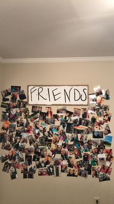 a bunch of pictures hanging on the wall with friends written on them in black and white