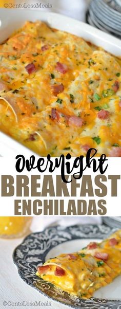 the breakfast enchiladas are ready to be eaten and served in the casserole dish