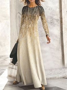 Fall V-neck Maxi Dress With Sequins, Fall V-neck Sequin Maxi Dress, Fall Floor-length Sequin Dress, Fall Sequin Long Sleeve Maxi Dress, Sequin Maxi Dress For Fall, Fall Sequin Maxi Dress, Long Beige Party Dress, Elegant Long Shift Dress, Fall Shift Maxi Dress