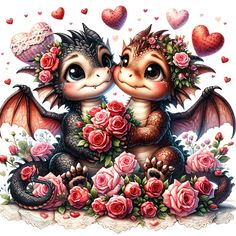 two cute little dragon sitting next to each other with roses and hearts in the background