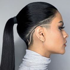 Stud Hair Styles, Simple Undercut Designs For Women, Womens Shaved Sides Haircut, Shaved Side Haircut, Undercut Ponytail, Side Haircut, Undercut Hair Designs, Shaved Design