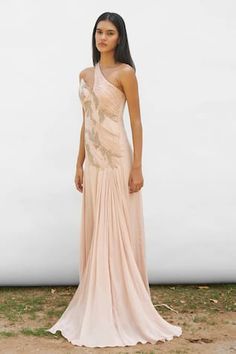 Peach padded draped gown with placement vines embroidery, ruched one shoulder and pleats detailing. - Aza Fashions Vines Embroidery, Peach Gown, Draped Gown, Drape Gowns, Gown Pattern, Ladies Gown, Gowns Online, Aza Fashion, Vines