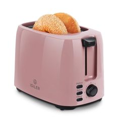 a pink toaster with two pieces of bread in it