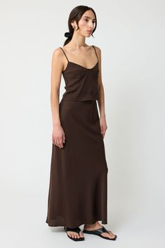 Lightweight bias silk maxi skirt with an elastic waist for a comfortable fit. Silk Maxi Skirt, Contemporary Wardrobe, Silk Maxi, Jewelry Sales, Wardrobe Staples, Jumpsuit Dress, Dark Brown, Maxi Skirt, Elastic Waist