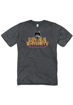 Show off your team pride in this Loyola Ramblers Grey Big Logo Distressed Short Sleeve T Shirt! This Loyola Short Sleeve Tee features a distressed screen print of large team logo. Make sure everyone knows you root for the Ramblers with this Grey Loyola T Shirt. Hail Loyola! Screen print graphic, Preshrunk jersey knit, Soft, dual blend body, Relaxed Fit, High stitch density for smoother printing surface, Tubular construction, Shoulder-to-shoulder tape and seamed collar, Double-needle sleeve and b College T-shirt With Graphic Print And Stretch, College Stretch T-shirt With Graphic Print, Stretch Graphic T-shirt For College, Stretch Graphic Print T-shirt For College, Print Graphic, Distressed Shorts, Short Sleeve T Shirt, Screen Print, Team Logo