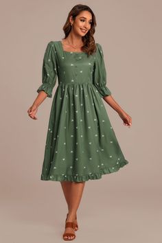 Casual Embroidered Dress With 3/4 Sleeves, Elementary School Teacher Outfits, School Teacher Outfits, Green Embroidery, Belted Midi Dress, Favorite Boots, Teacher Outfits, Green Pattern, School Teacher