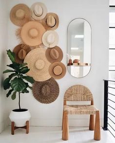 a room with hats on the wall and a chair next to a plant in front of a mirror