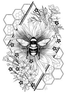 a black and white drawing of a bee surrounded by flowers