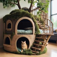 a cat is sitting in a tree house bed