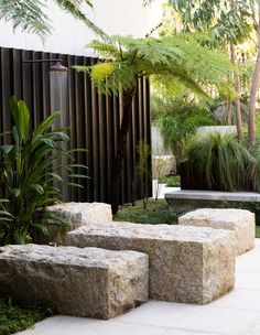 some very big rocks in the middle of a garden