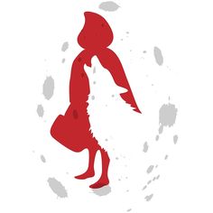 a red and white silhouette of a person with a wolf on it's back