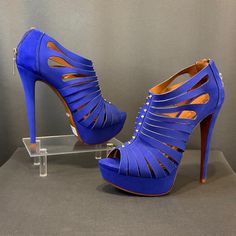 Couture Platform Stiletto Blue Party Heels With Removable Insole, Blue Suede Platform Heels, Blue Suede Open Heel Heels, Blue Suede Open Toe Heels, Blue Suede Heels With Removable Insole, Gold Ankle Strap Heels, Jeweled Heels, Black Stiletto Heels, Air Shoes