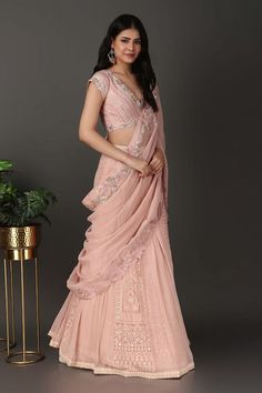 Pink pre-draped lucknowi lehenga saree with floral cutwork embroidery. Paired with a floral embroidered padded blouse and petticoat with attached cancan. - Aza Fashions Draped Georgette Designer Lehenga, Draped Semi-stitched Lehenga With Sheer Dupatta, Draped Georgette Lehenga For Reception, Floor-length Pre-draped Georgette Saree With Cutdana, Floor-length Cutdana Georgette Pre-draped Saree, Designer Draped Lehenga With Unstitched Blouse, Semi-stitched Draped Sharara With Zari Work, Bollywood Style Draped Georgette Lehenga, Draped Georgette Sharara For Wedding