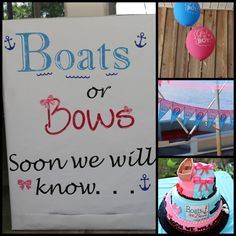 there is a sign that says boats or bows on it and pictures of cakes in the background