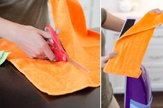 two pictures side by side one shows someone cutting fabric and the other shows how to use scissors