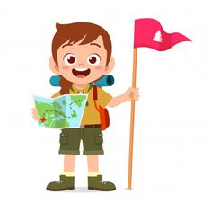 a little boy holding a map and a flag with a red flag in his hand