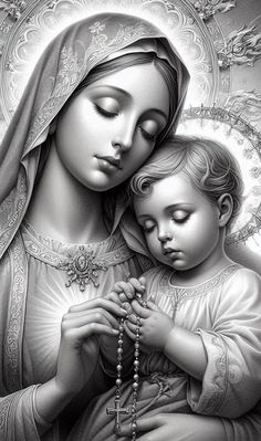 the virgin mary and child jesus are depicted in this black and white drawing by artist michael st