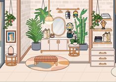 a living room filled with lots of plants next to a wall mounted mirror and potted plants