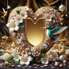 a heart shaped frame with pearls and flowers around it, surrounded by other decorative items