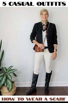 Such a good "how to wear a scarf with a blazer" tutorial! Great ideas, effortless style with capsule wardrobe essentials. It shows how to wear a bandana scarf, a rectangular scarf, and an… More Smart Casual Women Office, Blazer Tutorial