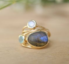 Gold Plated 18k Ring * Labradorite * Moonstone * Aqua Chalcedony *Gemstones * Handmade * Statement * Natural * Organic * Gift for her BJR100 Organic Gifts, Shell Ring, Party Rings, Big Rings, Aqua Chalcedony, Labradorite Ring, Moonstone Ring, Opal Rings, Gold Plated Jewelry