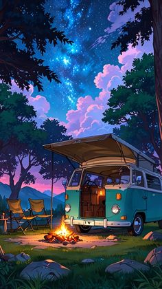 a camper van parked next to a fire in the forest under a night sky filled with stars