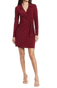 A side-tie closure completes this surplice wrap neckline that elevates this long-sleeve midi dress. Surplice V-neck Long sleeves True wrap style with side tie closure 95% polyester, 5% spandex self; 100% polyester lining Machine wash Imported Model stats: 5'10" height, 32" bust, 25" waist, 36" hip. Model is wearing size S. Side Tie Dress, Long Sleeve Midi, Long Sleeve Midi Dress, Tie Dress, Merlot, Wrap Style, Nordstrom Rack, Wrap Dress, Dresses For Work