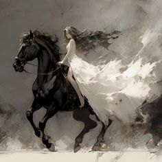 a woman riding on the back of a black horse in front of a cloudy sky