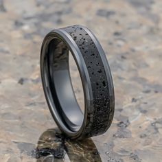 6mm Black Ceramic Wedding Band with Black Gray Lava Rock Stone Ceramic Wedding, Jewelry Ceramic, Groom Ring, Ceramic Ring, Ceramic Rings, Stone Inlay, Lava Rock, Ceramic Jewelry, Tungsten Carbide