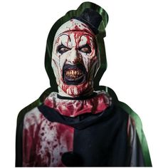 a man wearing a creepy clown mask with blood all over his face and mouth, standing in front of a white background