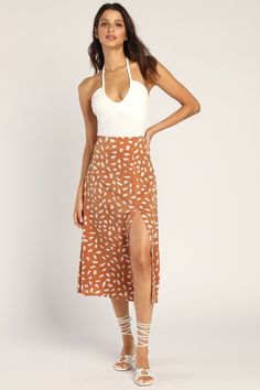 Peach Dot Skirt - Slit Midi Skirt - Chic Midi Skirt - Dot Skirt - Lulus Peach Skirt, Ribbed Halter Top, Get Glam, Pretty Skirts, Chic Skirts, Dot Skirt, Skirt Fits, Lulu Fashion, Beautiful Skirts