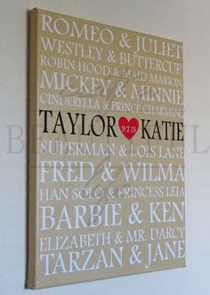 a canvas with the names of different families on it, and a red heart in the middle