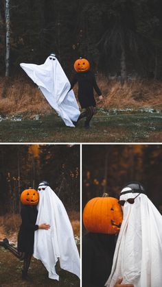 two people dressed up as ghost and pumpkins, one is holding a white sheet