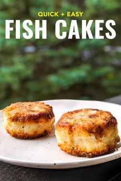 two fish cakes on a white plate with the words, quick and easy fish cakes