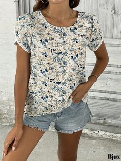 Bjux - Womens Floral Print Petal Sleeve Blouse - Elegant Vacation Crew Neck Summer Top for Stylish Wardrobe Vacation Floral Print Crew Neck Blouse, Vacation Crew Neck Blouse With Floral Print, Floral Print Crew Neck Blouse For Vacation, Vacation Blouse With Floral Print And Crew Neck, Floral Print Crew Neck Blouse For Beach, Non-stretch Floral Print Tops For Vacation, Floral Print Non-stretch Top For Vacation, White Non-stretch Floral Print Top, White Floral Print Non-stretch Top